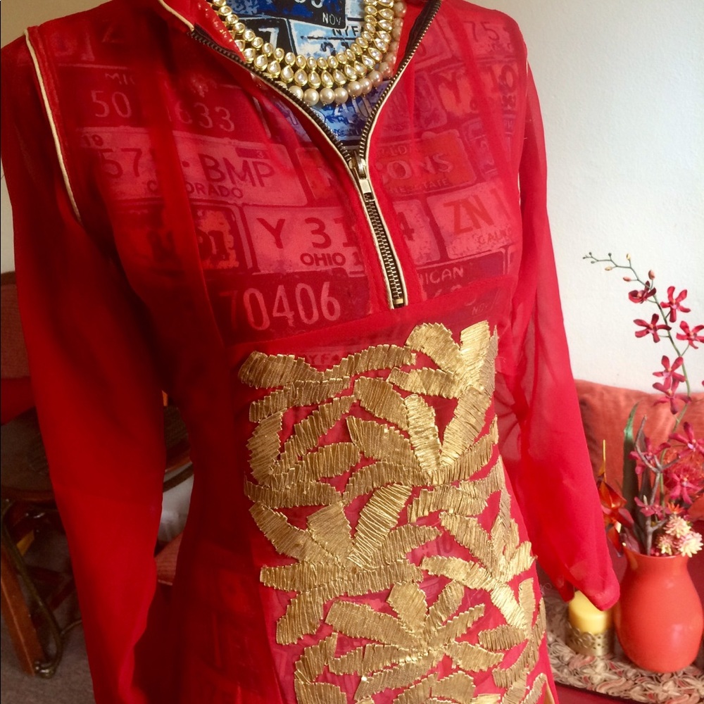 Red and Gold Embroidered Women's Dress - Picture 5 of 9